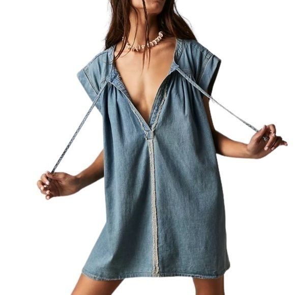 We The Free‎ People Green Eyes Blue Denim Oversized Tunic XS - Picture 1 of 11